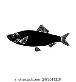 black and white fish vector illustration. Commercial fishes. Fresh raw edible cartoon fish.  Fish Silhouette Seafood Product