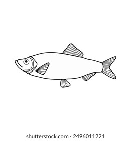 black and white fish vector illustration. Commercial fishes. Fresh raw edible cartoon fish.  Fish Silhouette Seafood Product