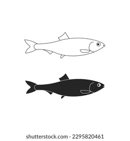 black and white fish vector isolated on white background. fish, animal, sea, seafood, food, meat, ocean, water, fishing, fishery, marine, flat, icon, clipart, sticker, simple, vector illustration