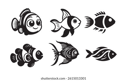 "Black and White Fish Vector Set | Cartoon and Artistic Fish Illustrations"