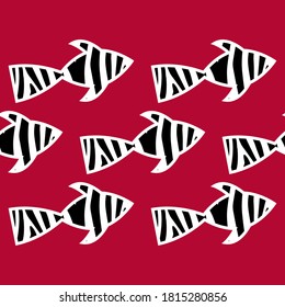 Pescado blanco y negro con rayas de cebra nadan en el mar. Patrón sin foco. Ilustración vectorial para diseño web o impresión.