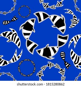 Black and white fish with Zebra stripes swim in the sea. Seamless pattern. Vector illustration for web design or print.