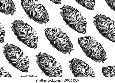 Black and white fishes on a white background. Ocean inhabitants. Seamless texture. It can be used for textile, cloth, fabric, tile, backgrounds, wallpapers, covers, wrapping or your design.