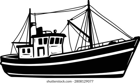 Black and white of a fishing trawler with masts and rigging fishing boat ship maritime