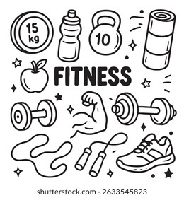 Black and white fitness doodles including weights, kettlebell, water bottle, apple, yoga mat, dumbbells, flexed arm, jump rope, and sneaker.