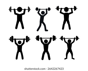  black and white fitness icons of people lifting weights, set of five black silhouette icons depicting stick figures lifting barbells. weightlifting, gym, workout, bodybuilding, strength training, ath