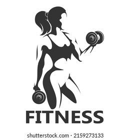 Logo de Black and White Fitness. Niña con campanas de dumbón aislada de fondo blanco. Ilustración vectorial.