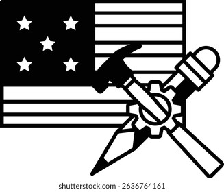 A black and white flag with a hammer and a pair of pencils placed on it. The hammer and pencils are positioned in the center of the flag, creating a sense of balance and importance