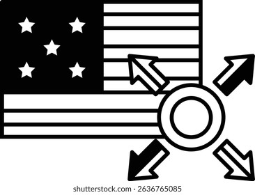 A black and white flag with stars and stripes and a circle with four arrows pointing in different directions