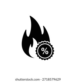 Icono de llama blanco y negro con insignia de descuento circular superpuesta