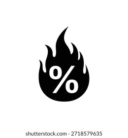 Icono de llama blanco y negro que rodea el símbolo de porcentaje para la venta caliente