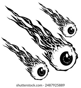 Black and White Flaming Eyeballs, Vector Illustration in Flat Cartoon Style, EPS Format, Icon, Sign, Symbol, Badge, Emblem, Detailed Design on White Background