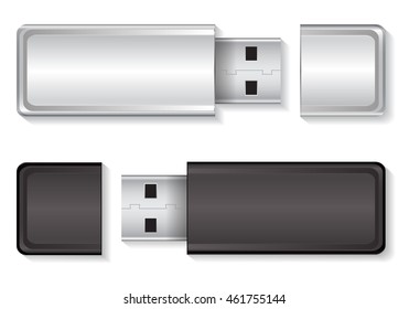 Black and white flash drive USB isolated vector illustration.