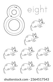 Black and white flashcard with number eight. Australian animal worksheet.