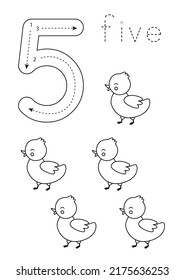 Black and white flashcard with number five. Farm animals.