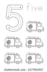 Black and white flashcard with number five. Transportation means