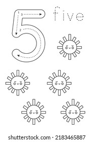 Black and white flashcard with number five. Worksheet with cute suns.