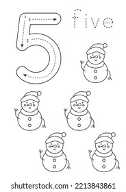 Black and white flashcard with number five. Worksheet with hand drawn snowmen.