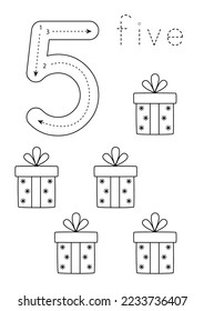 Black and white flashcard with number five. Worksheet with hand drawn presents.