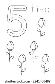 Black and white flashcard with number five. Valentine day worksheet.