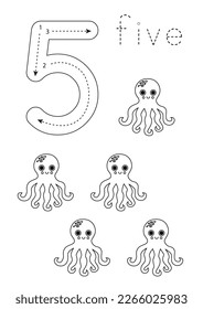 Black and white flashcard with number five. Worksheet with cute cartoon octopuses.