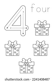 Black and white flashcard with number four. Valentine day worksheet.