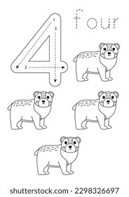 Black and white flashcard with number four. Woodland animal worksheet.