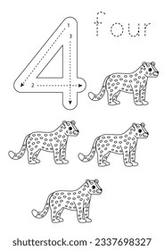Black and white flashcard with number four. African animal worksheet.
