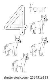 Black and white flashcard with number four. Australian animal worksheet.