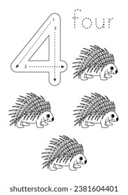 Black and white flashcard with number four. Asian animal worksheet.