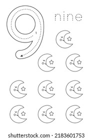 Black and white flashcard with number nine. Worksheet with cute crescent.