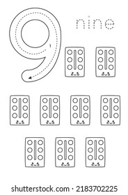 Black and white flashcard with number nine. Worksheet with cute paints.