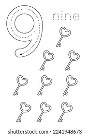 Black and white flashcard with number nine. Valentine day worksheet.