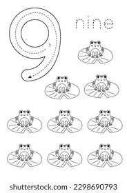 Black and white flashcard with number nine. Woodland animal worksheet.