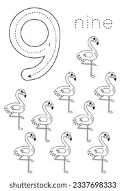Black and white flashcard with number nine. African animal worksheet.