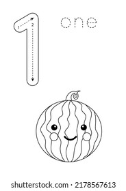 Black and white flashcard with number one. Worksheet with cute fruits.