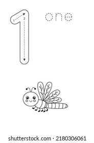 Tarjeta flashcard en blanco y negro con número uno. Hoja de trabajo con insectos lindos.