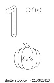 Black and white flashcard with number one. Worksheet with cute vegetables.