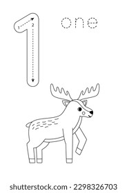 Black and white flashcard with number one. Woodland animal worksheet.