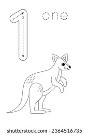 Black and white flashcard with number one. Australian animal worksheet.