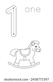 Black and white flashcard with number one. Cute cartoon toys.