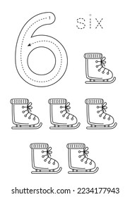Black and white flashcard with number six. Worksheet with hand drawn ice skates.