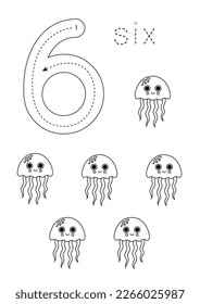 Black and white flashcard with number six. Worksheet with cute cartoon jelly fish.