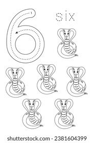 Black and white flashcard with number six. Asian animal worksheet.