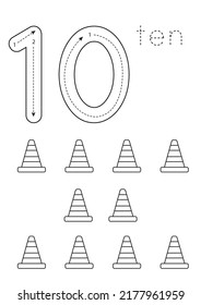 Black and white flashcard with number ten. Transportation means