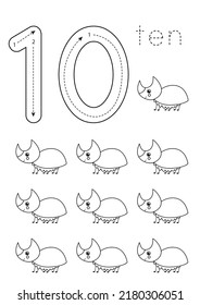 Black and white flashcard with number ten. Worksheet with cute insects.