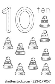 Black and white flashcard with number ten. Worksheet with hand drawn winter hats.