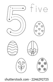 Black and white flashcard with number ten. Easter worksheet with cute chickens.