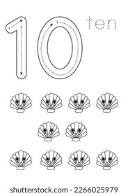 Black and white flashcard with number ten. Worksheet with cute seashells.