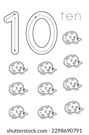 Black and white flashcard with number ten. Woodland animal worksheet.